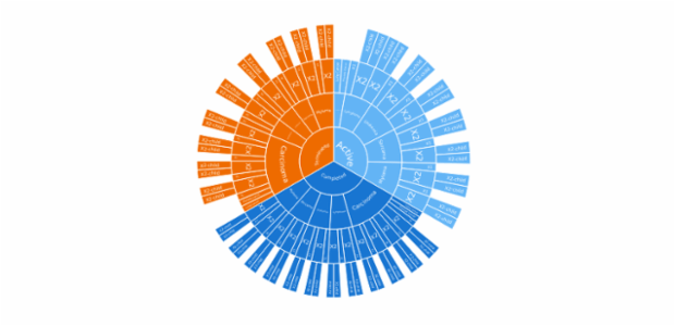 Sunburst Chart created by anonymous, A Sunburst chart visualizes hierarchical data structures. It represents a root node surrounded by rings of deeper hierarchy moving outward from the center. The angle of each segment depends on the value of its parent node or on its own value.