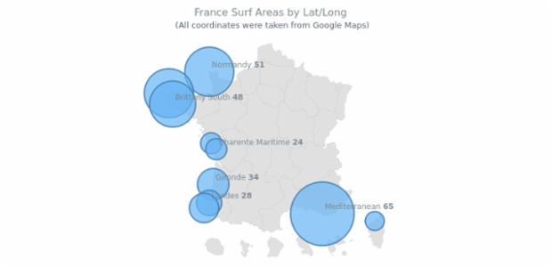 France Surf Areas by Lat Long created by AnyChart Team
