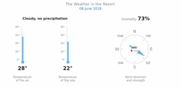 Weather Dashboard created by AnyChart Team, A dashboard with two linear thermometers demonstrating the air and water temperature and one circular gauge showing the wind direction and strength.