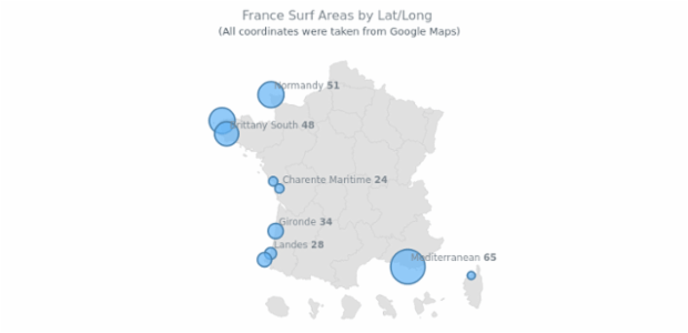 France Surf Areas by Lat Long created by AnyChart Team