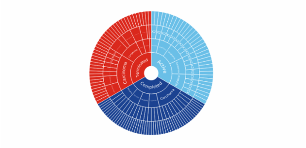 Sunburst Chart created by anonymous, A Sunburst chart visualizes hierarchical data structures. It represents a root node surrounded by rings of deeper hierarchy moving outward from the center. The angle of each segment depends on the value of its parent node or on its own value.